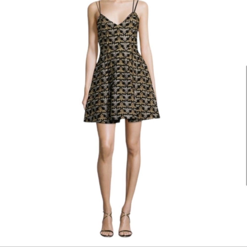 Alice and Olivia Black and Gold Velvet Embroidered Fit and Flare Mini Dress